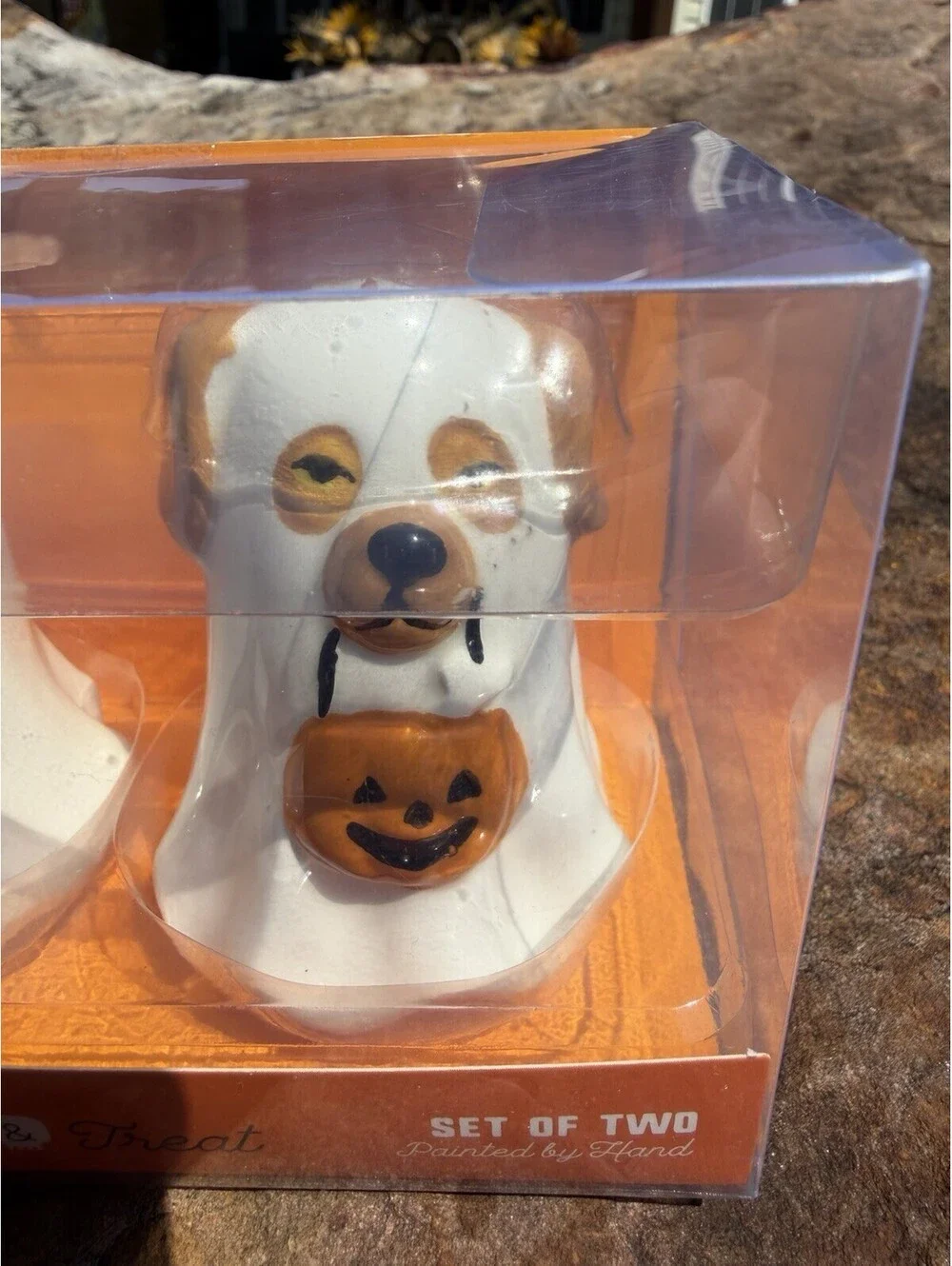 Halloween Ghost Cat & Dog Trick or Treat Ceramic Salt & Pepper Shakers NWT
